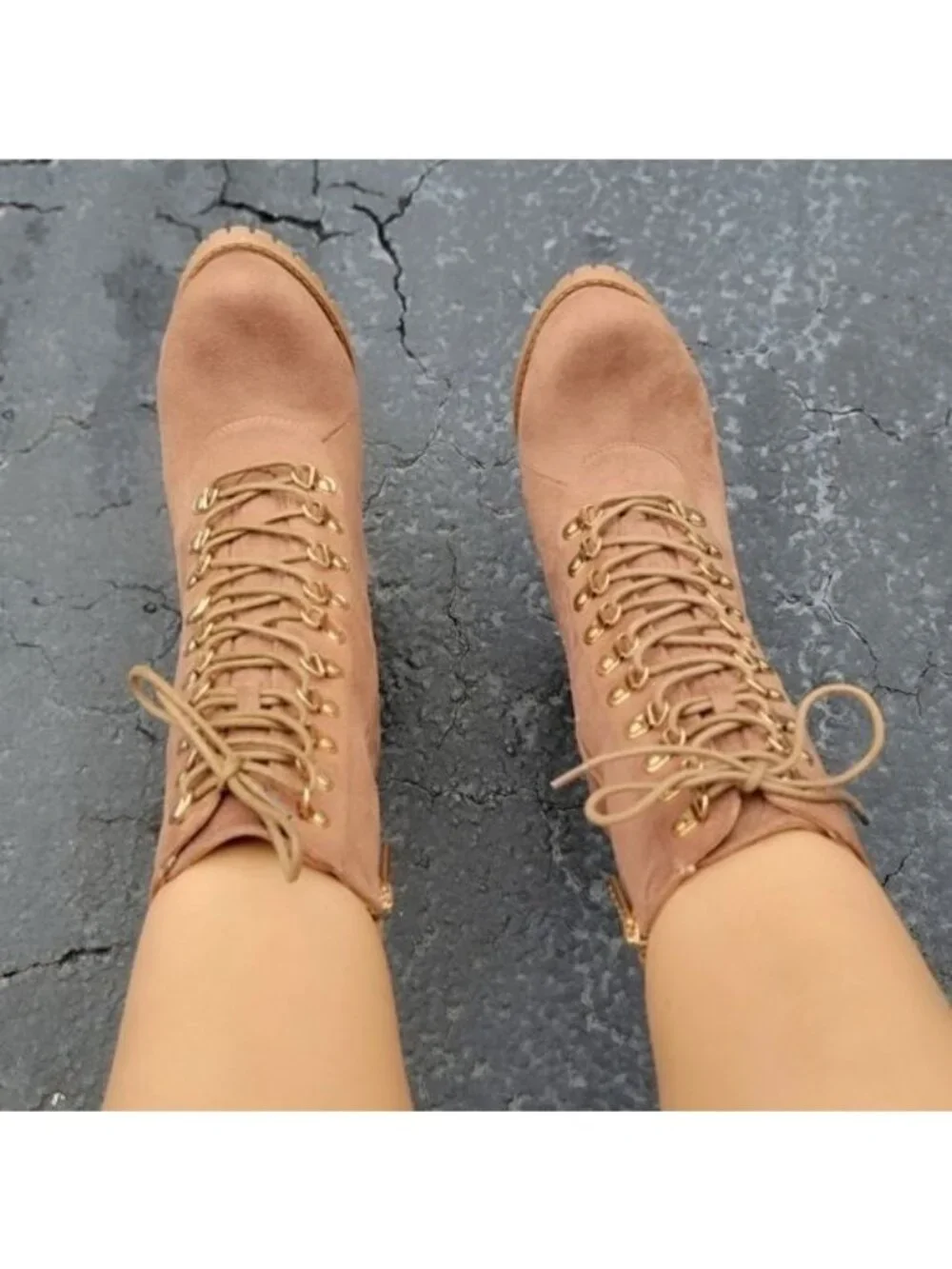 Taupe Lace up Platform Lug Sole Heeled Boots - Picture 6 of 6